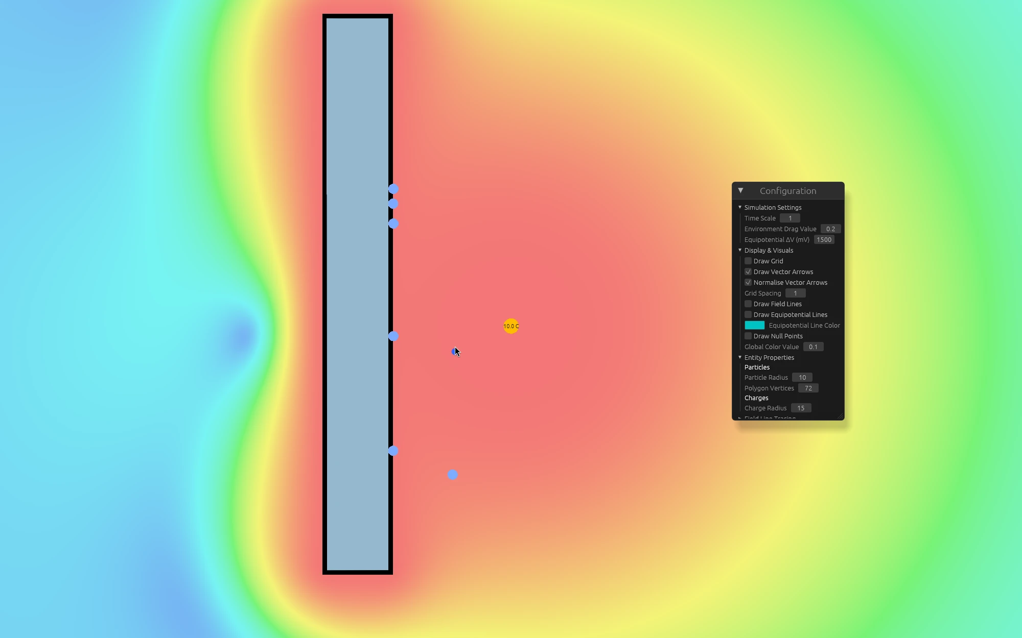 A densely packed vector grid with a metal plate and a charge